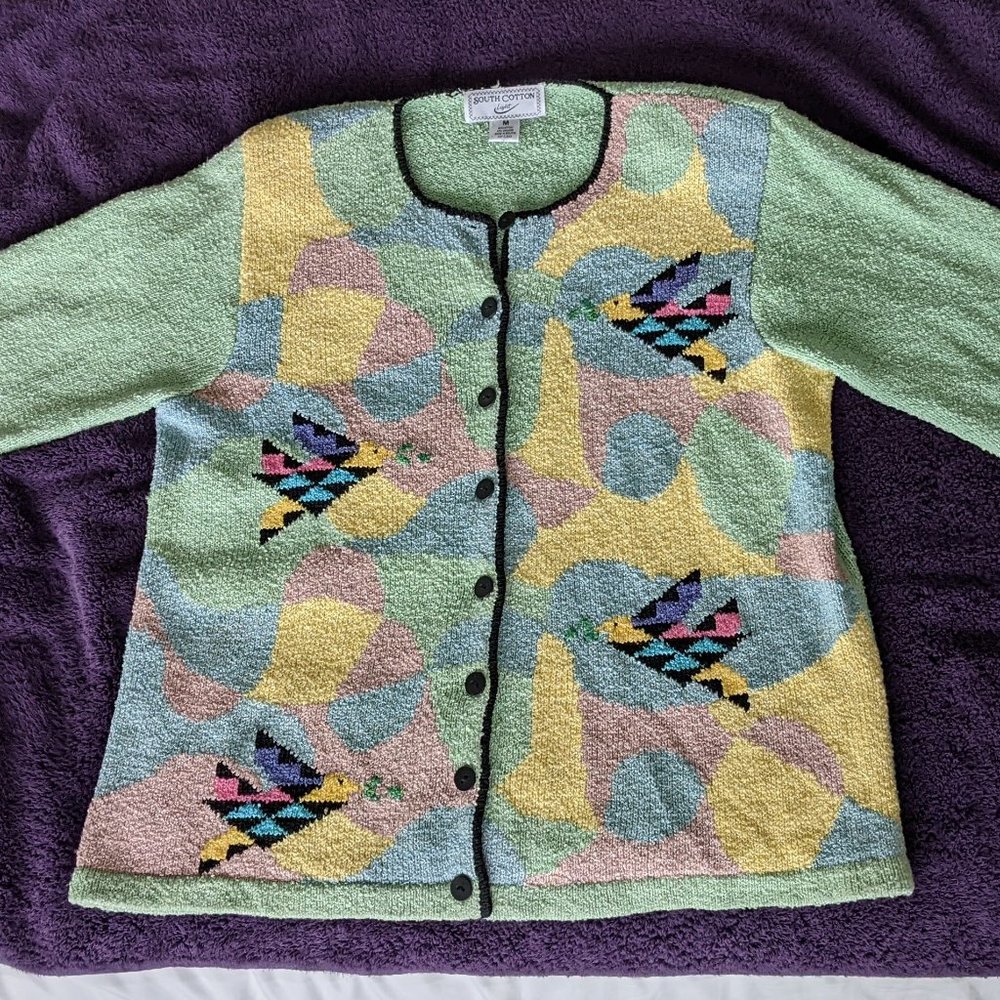 Vintage "South Cotton Light"  Sweater Cardigan Pastel Colors w/Geometric Design